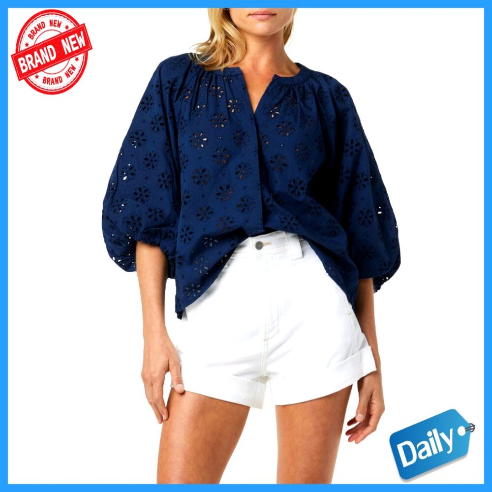 Organic Cotton Broderie Blouse with Bubble Sleeves, Loose Fit